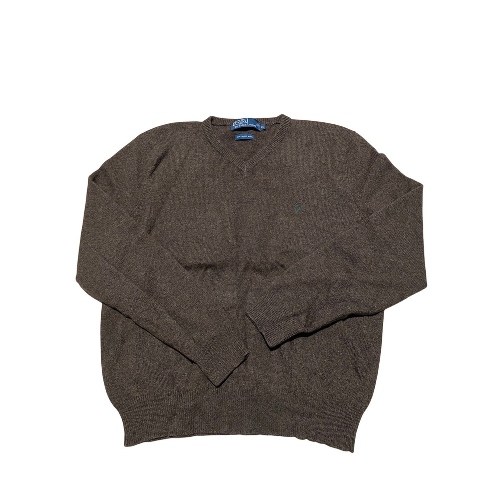 Polo Ralph Lauren Mens XL Brown Lambswool V-Neck Sweater Italian Yarn Pony Logo